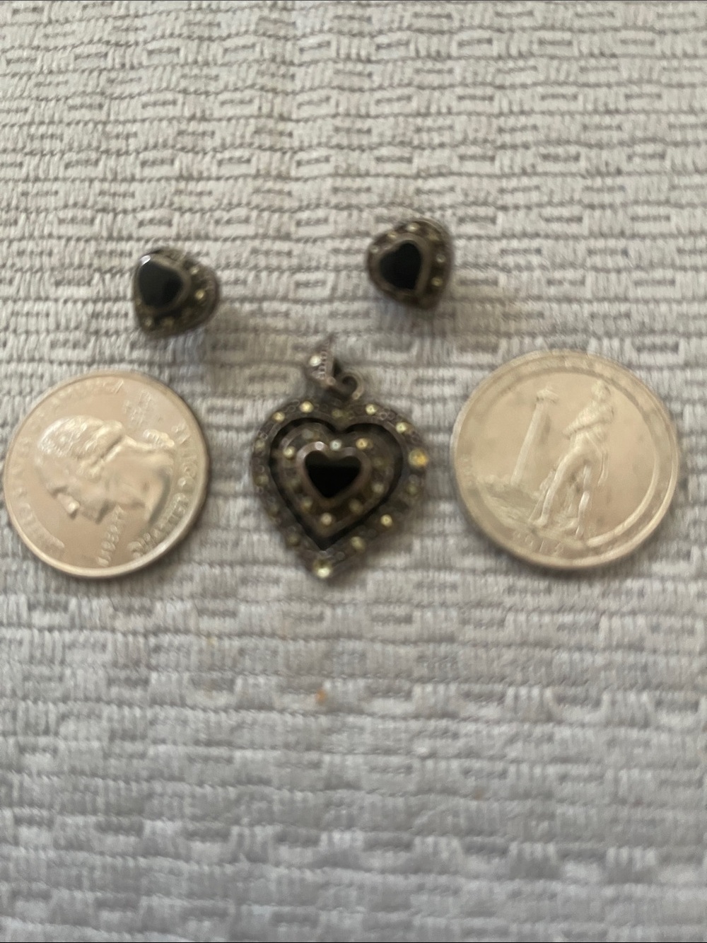 Heart Pendant & Stud Earrings Set in Black with Silver-Tone Accents